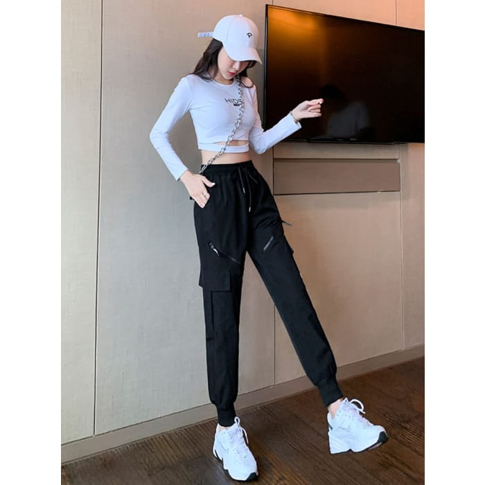 High Waist Drawstring Wide Leg Pocketed Straight Cut Gather