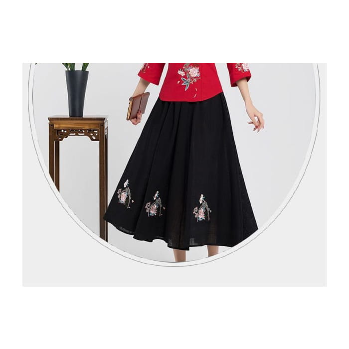 High Waist Floral Embroidered Midi