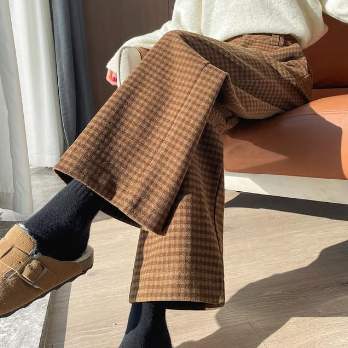 High Waist Plaid Cropped Wide Leg Slacks - Coffee / XS