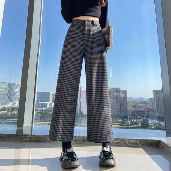 High Waist Plaid Cropped Wide Leg Slacks - Gray / XS