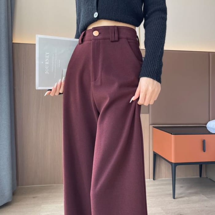 High Waist Plain Cropped Wide Leg Pants - Dark Red / XS
