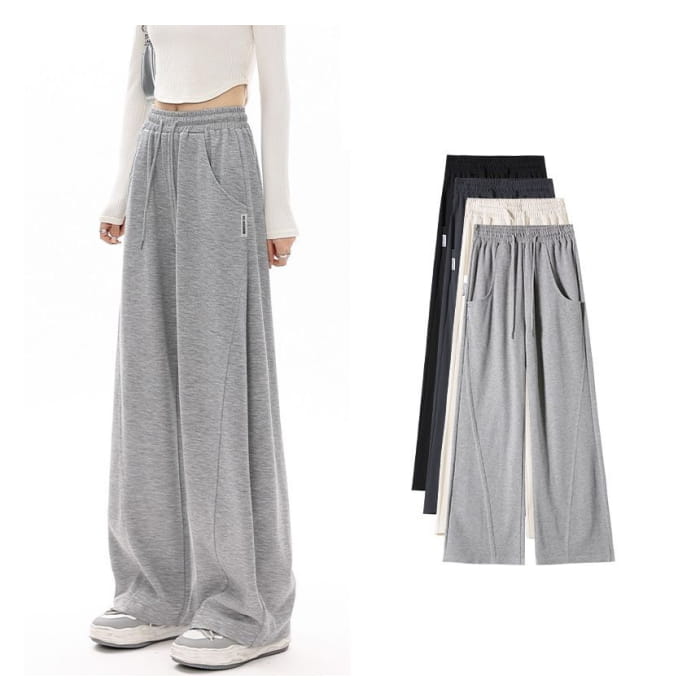 High Waist Plain Pocketed Drawstring Wide Leg Sweatpants