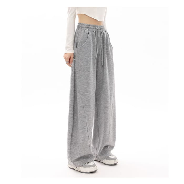 High Waist Plain Pocketed Drawstring Wide Leg Sweatpants