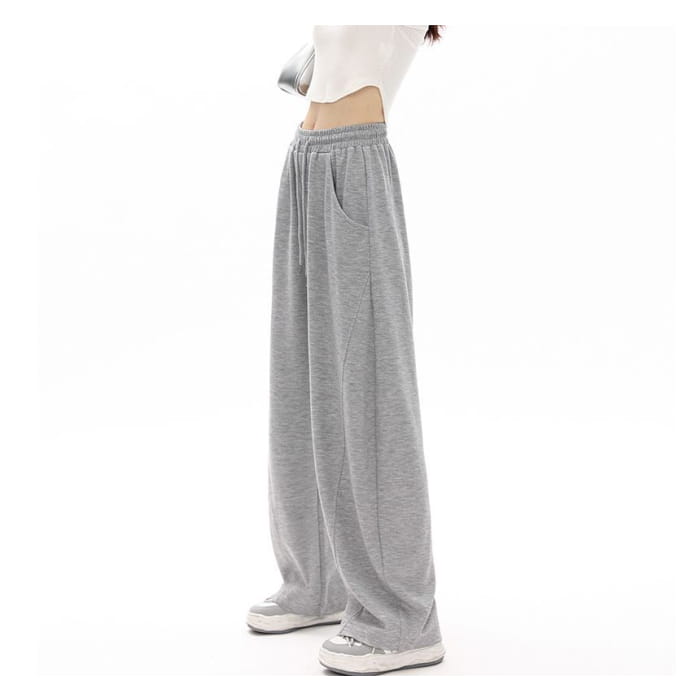 High Waist Plain Pocketed Drawstring Wide Leg Sweatpants