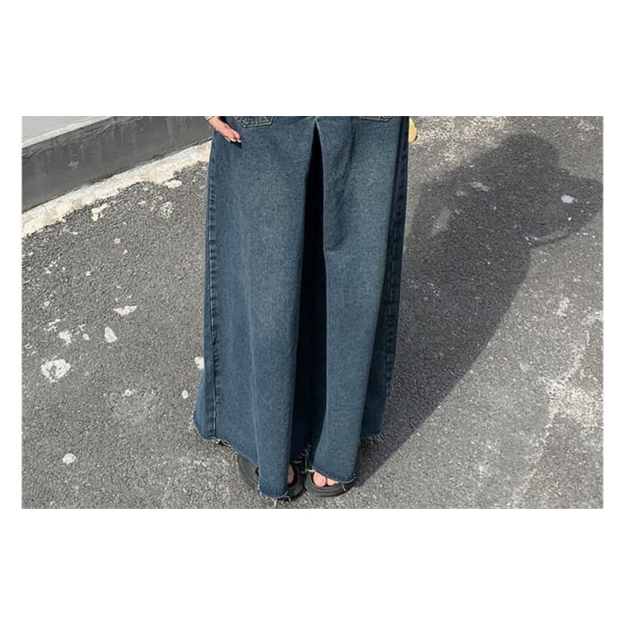 High Waist Washed Fray Hem Maxi Denim Skirt