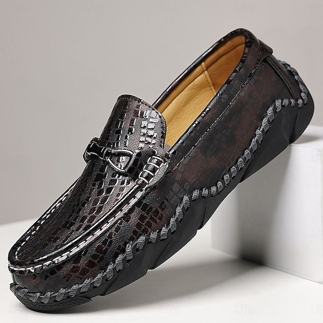 Men’s Loafers – Moc-Toe Textured Crocodile Driving Black