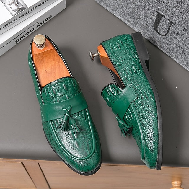Crocodile Embossed with Faux Leather Men's Loafers Green