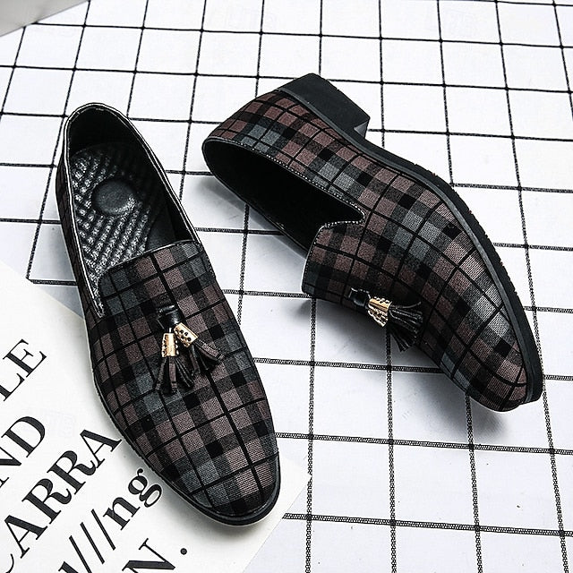 Decoration with Tassel Men's – Plaid Loafers Elegant