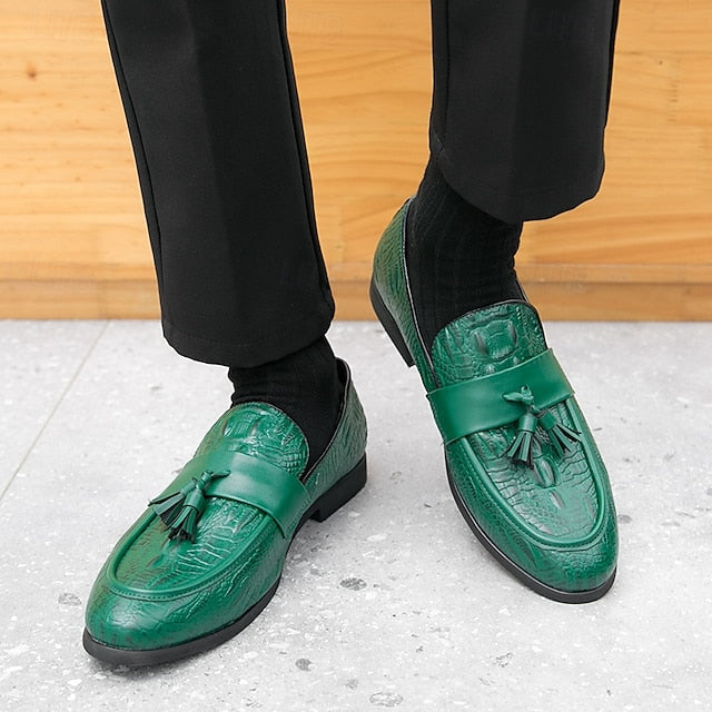 Crocodile Embossed with Faux Leather Men's Loafers Green
