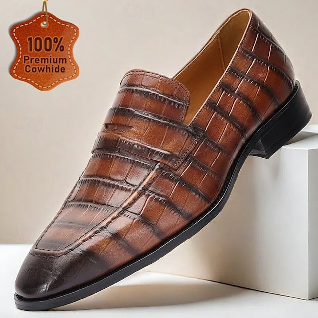 Brown - Men's Dress Leather Shoes Crocodile Pattern Classic