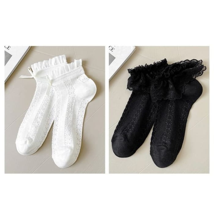 Lace Socks / Set - Of 2 Pairs - Bow & Trim - White Black