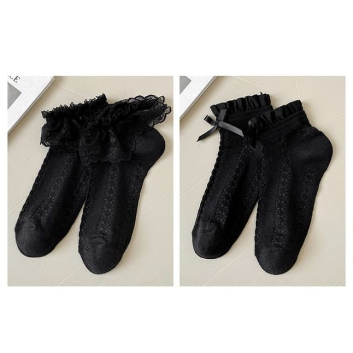 Lace Socks / Set - Of 2 Pairs - Trim & Bow - Black