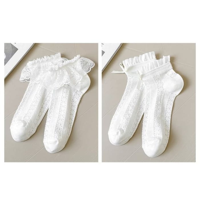 Lace Socks / Set - Of 2 Pairs - Trim & Bow - White