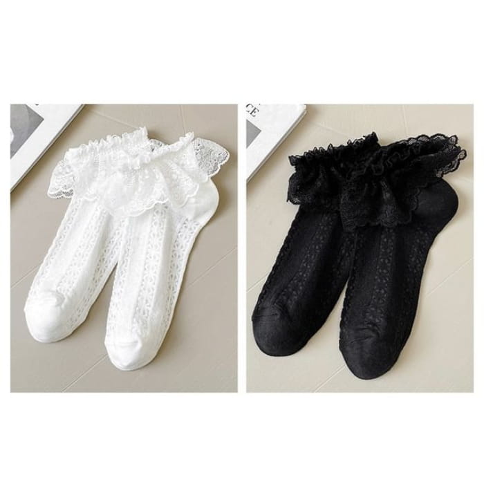 Lace Socks / Set - Of 2 Pairs - Trim - White & Black