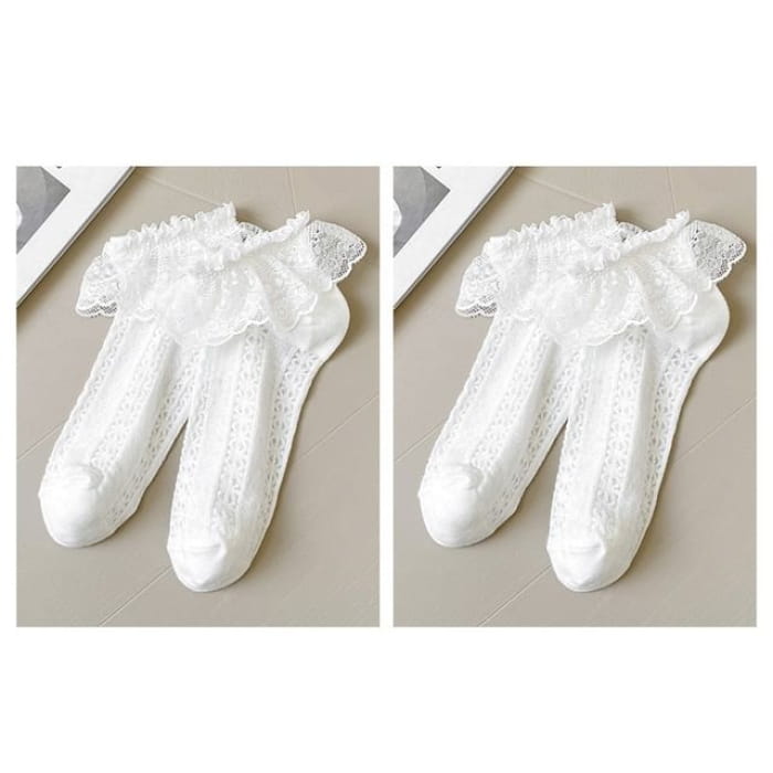 Lace Socks / Set - Of 2 Pairs - Trim - White / One Size