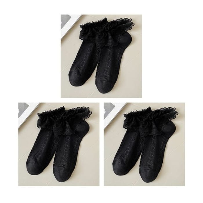 Lace Socks / Set - Of 3 Pairs - Trim - Black / One Size