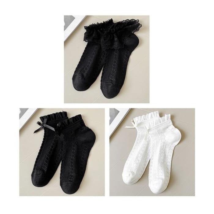 Lace Socks / Set - Of 3 Pairs - Trim & Bow - Black White