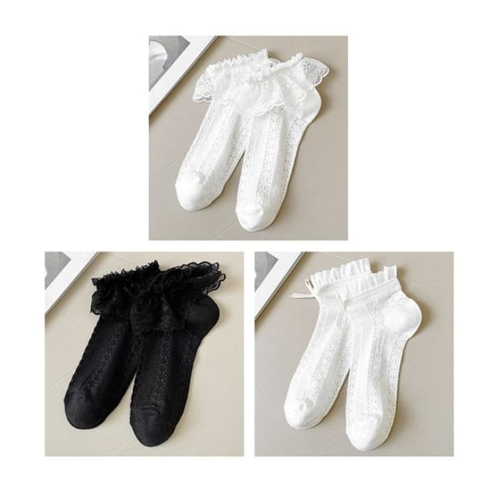 Lace Socks / Set - Of 3 Pairs - Trim & Bow - White Black