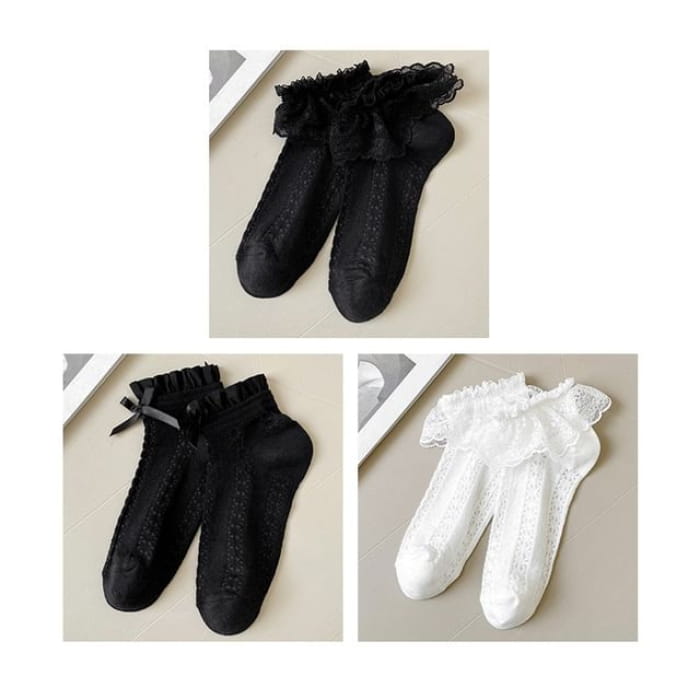 Lace Socks / Set - Of 3 Pairs - Trim & Bow - White Black