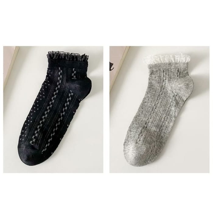 Lace Trim Socks Set - Of 2 Pairs - Black & Gray / One Size