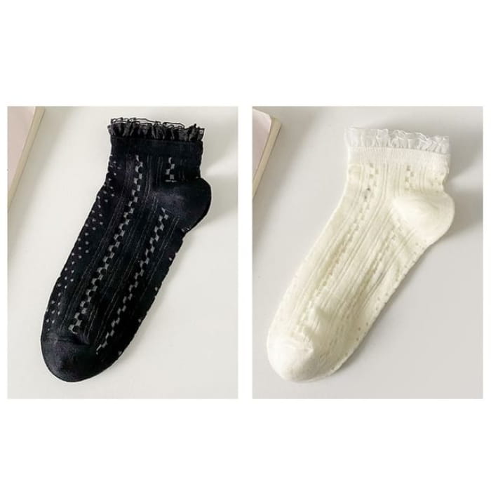 Lace Trim Socks Set - Of 2 Pairs - Black & White / One Size