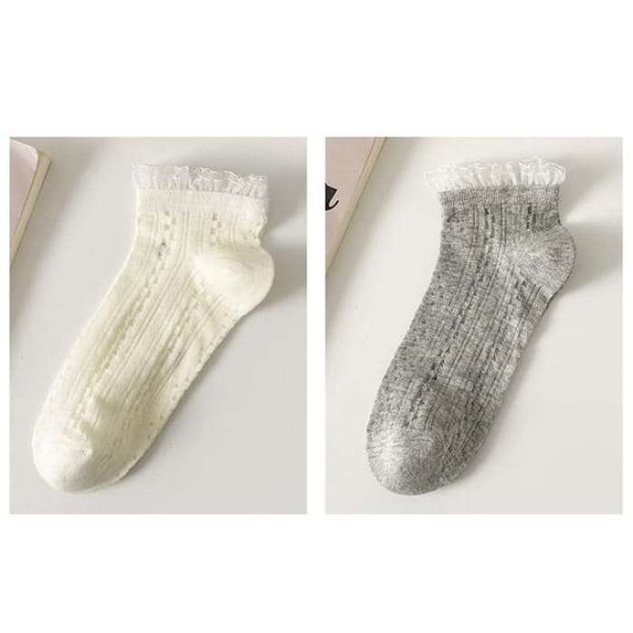 Lace Trim Socks Set - Of 2 Pairs - White & Gray / One Size