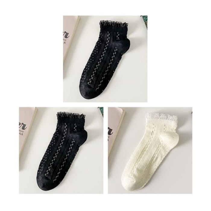 Lace Trim Socks Set - Of 3 Pairs - 2 Black & 1 Pair White