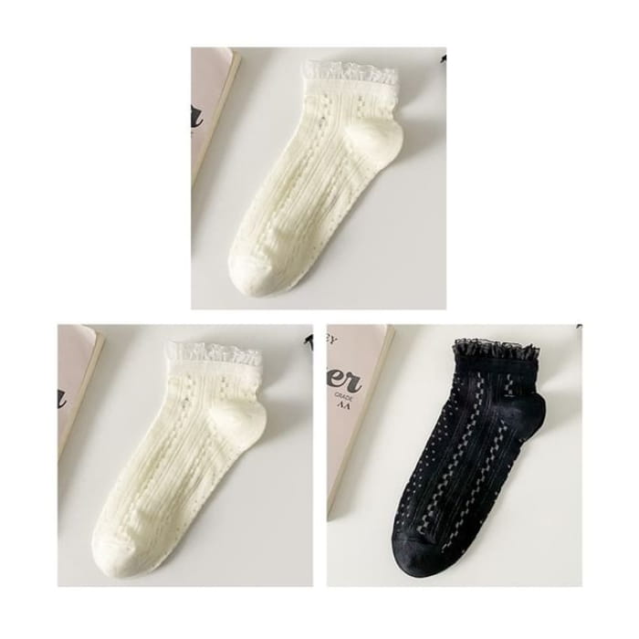 Lace Trim Socks Set - Of 3 Pairs - 2 White & 1 Pair Black