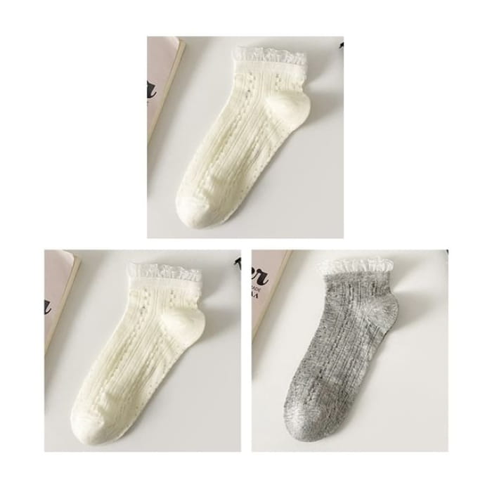 Lace Trim Socks Set - Of 3 Pairs - 2 White & 1 Pair Gray