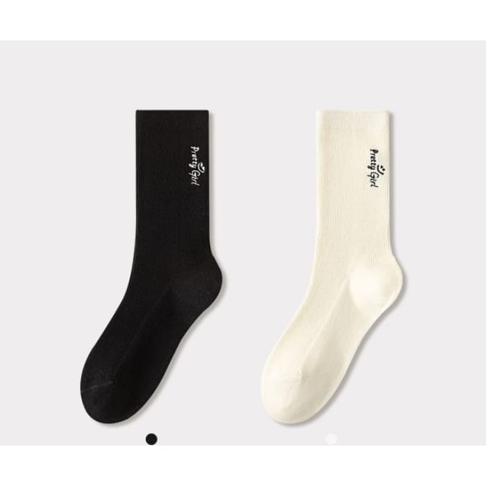 Lettering Embroidered Short Socks Set - of 2 Pairs - Black