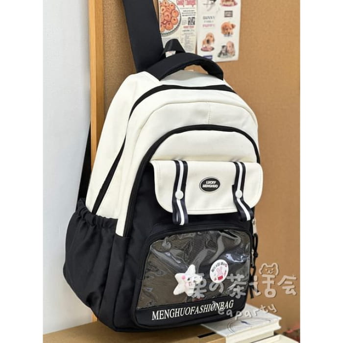 Lettering Mesh Panel Multi-Pocket Backpack / Tote Bag