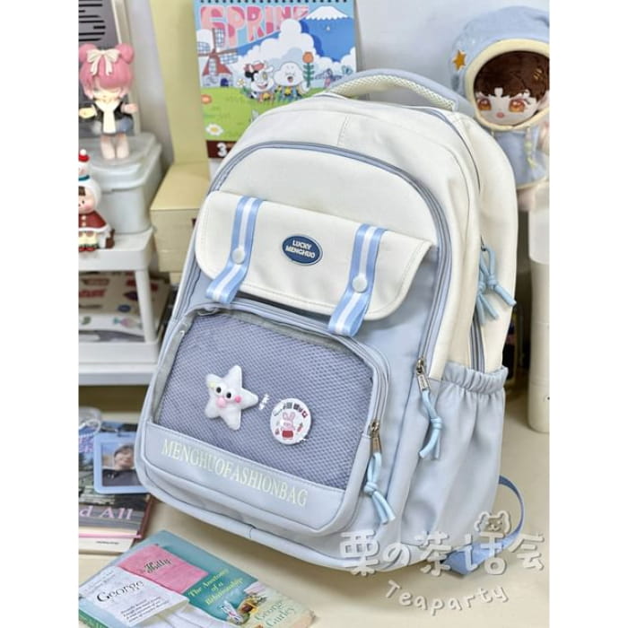 Lettering Mesh Panel Multi-Pocket Backpack / Tote Bag