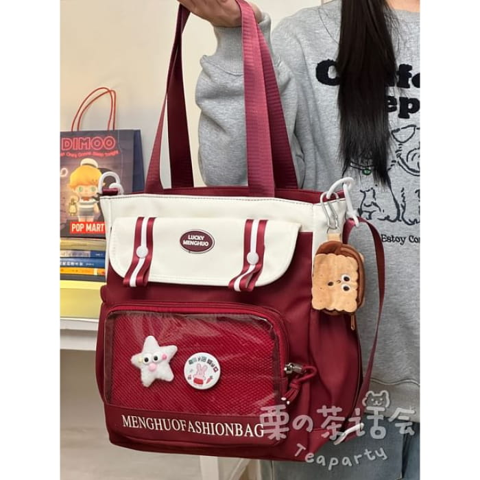 Lettering Mesh Panel Multi-Pocket Backpack / Tote Bag