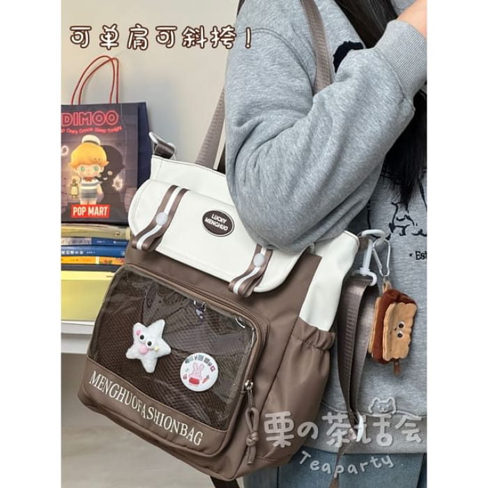 Lettering Mesh Panel Multi-Pocket Backpack / Tote Bag