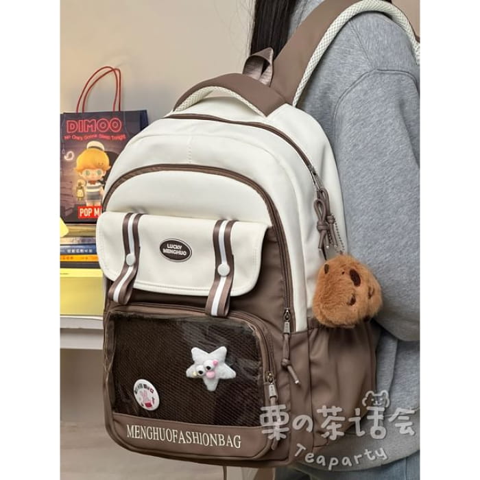 Lettering Mesh Panel Multi-Pocket Backpack / Tote Bag