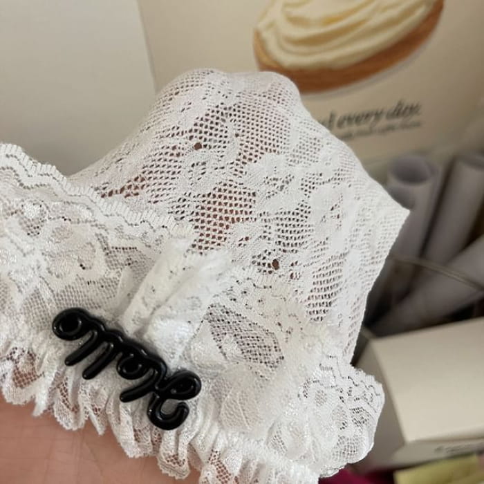 Lettering Pendant Floral Lace Socks - Black - White