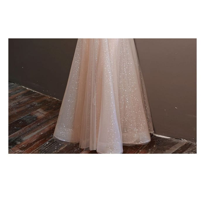 Long-Sleeve Square Neck Embellished Glitter Mesh Cocktail