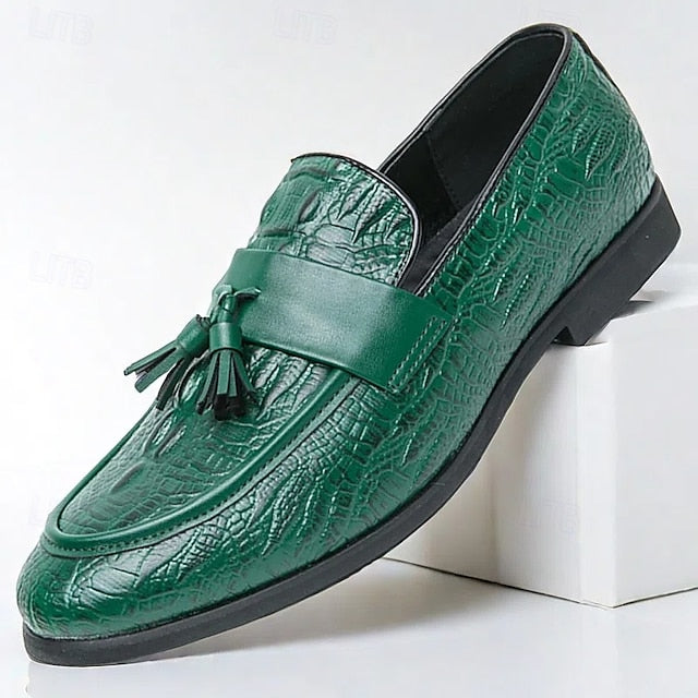 Crocodile Embossed with Faux Leather Men's Loafers Green