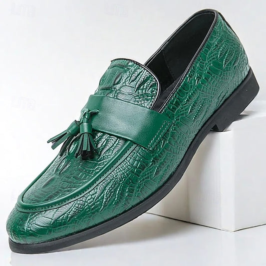 Crocodile Embossed with Faux Leather Men's Loafers Green
