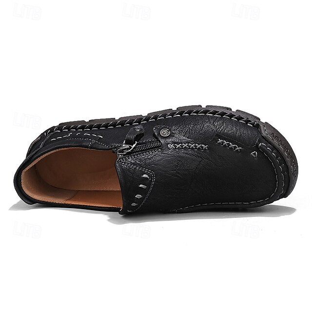with Leather Brown Men's Side Faux Slip-On Zipper Loafers