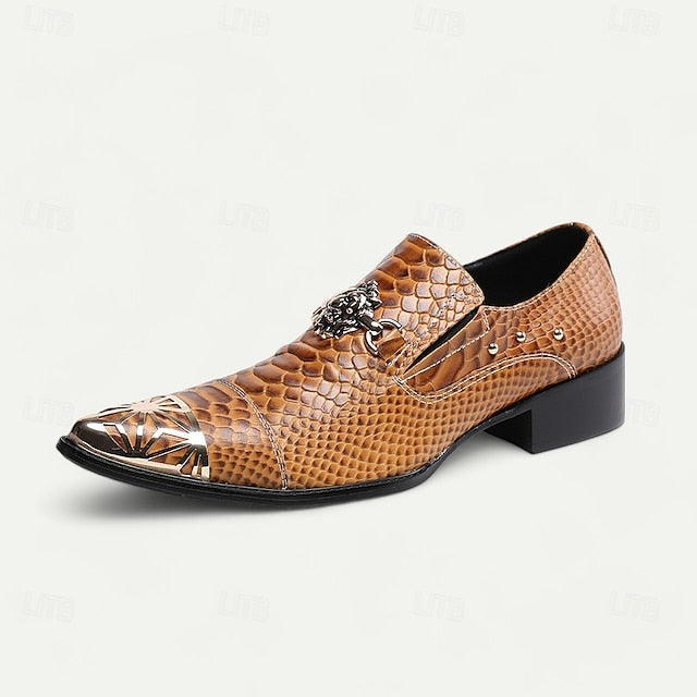 Slip-On Men's Leather with Pattern Metal Snake Brown Shoes