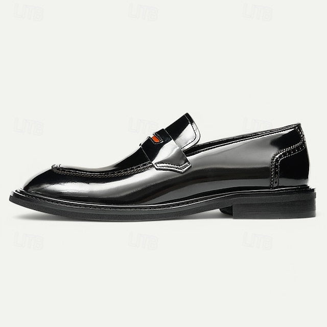 Slip-On Premium Cowhide Black Loafers with Decorative Men's