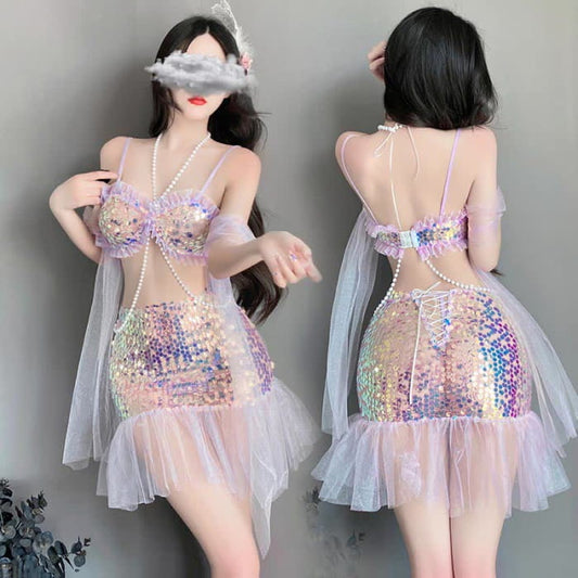 Mermaid Vintage Sequin Pearl Decor Lingerie Set - Purple