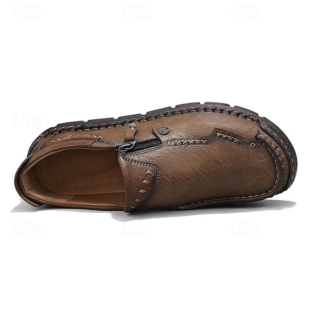with Leather Brown Men's Side Faux Slip-On Zipper Loafers