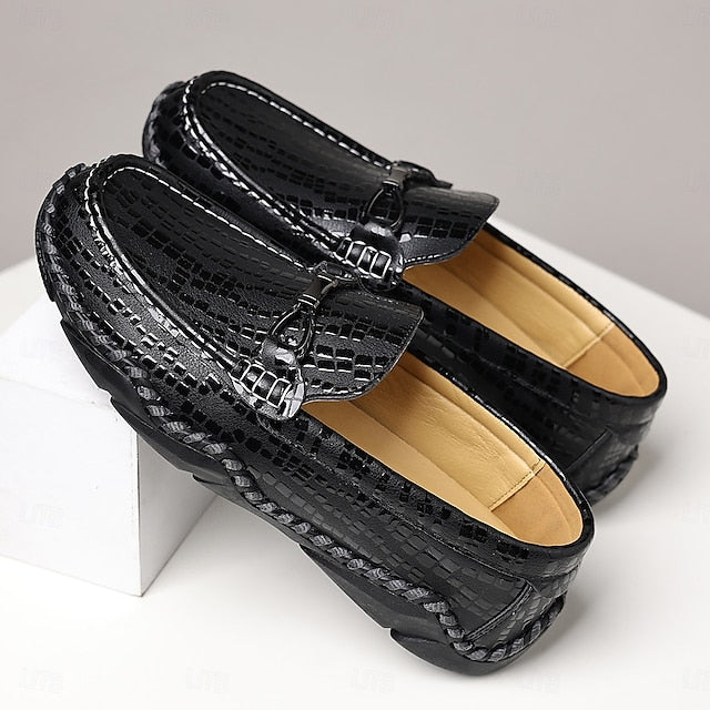 Men’s Loafers – Moc-Toe Textured Crocodile Driving Black
