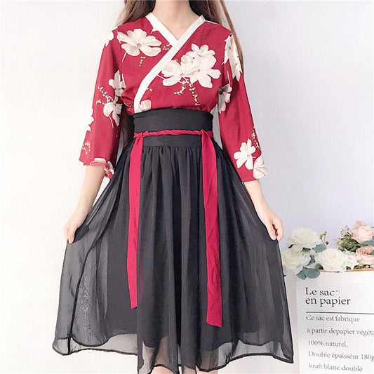 Floral Red Black Hanfu Costume Set - & / XS