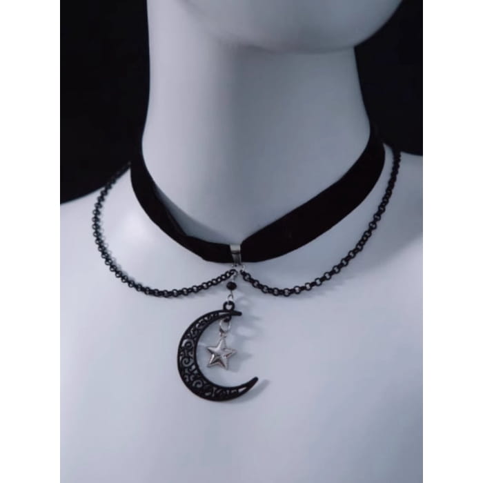 Moon Star Pendant Black Velvet Choker - Free Size