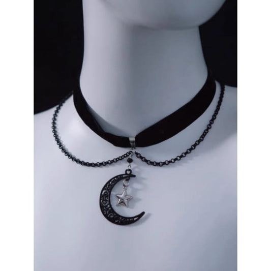 Moon Star Pendant Black Velvet Choker - Free Size