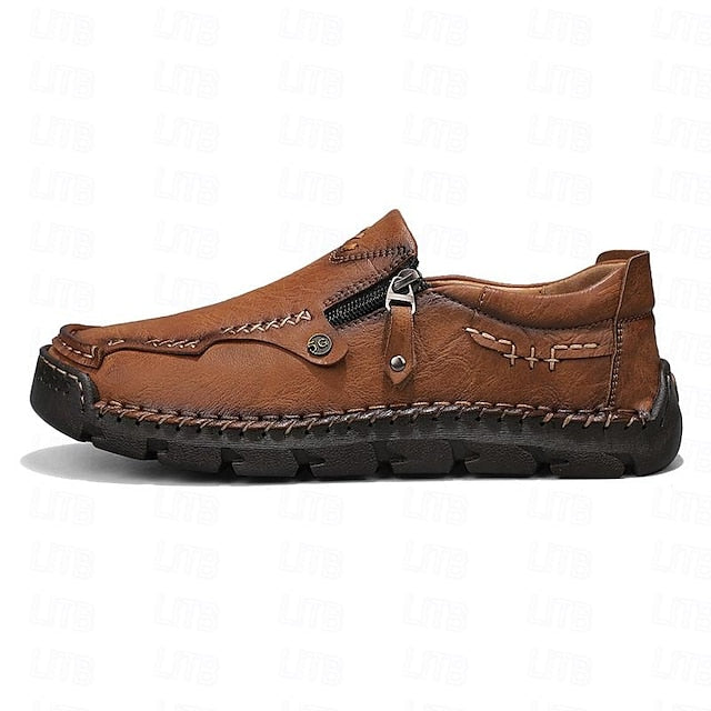 with Leather Brown Men's Side Faux Slip-On Zipper Loafers