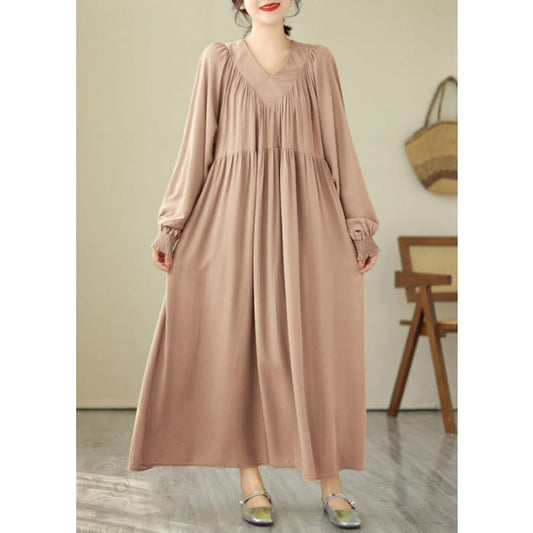 Natural Khaki Patchwork Wrinkled Maxi Dresses Spring VB1008